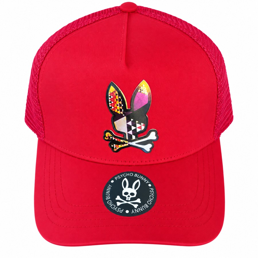 Psycho Bunny • Red geometric logo trucker